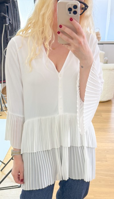 White pleated white chiffon blouse