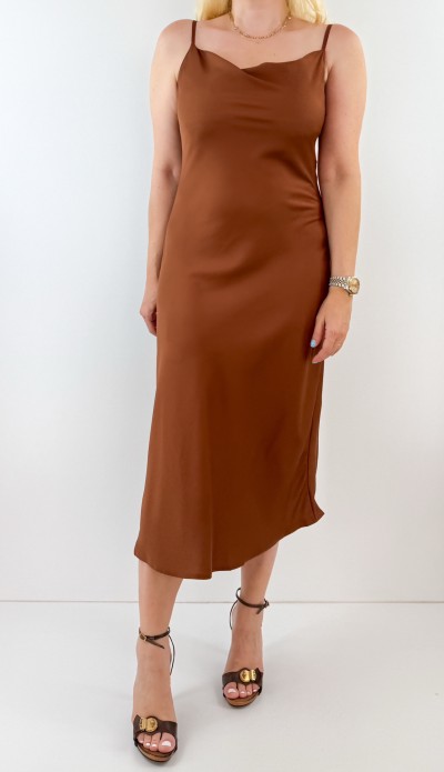 Kahverengi saten midi elbise