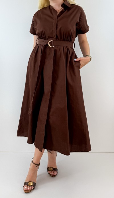 Koyu kahve kemerli gömlek elbise