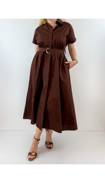 Koyu kahve kemerli gömlek elbise