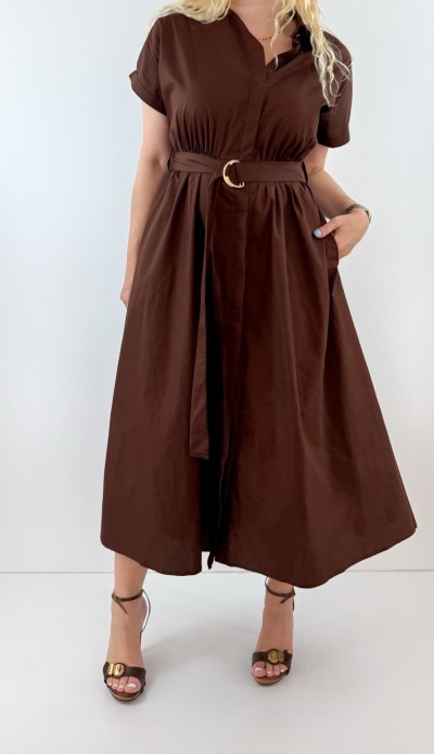 Koyu kahve kemerli gömlek elbise