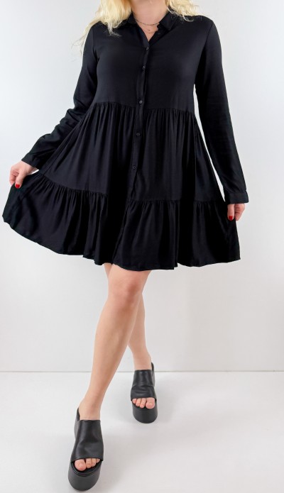 Siyah pamuklu kat detaylı elbise