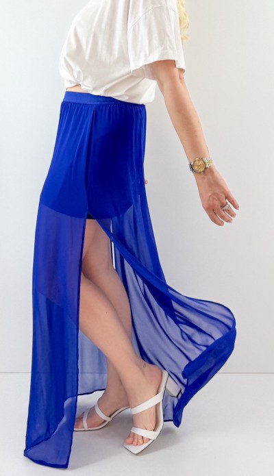 Çift taraf yırtmaçlı saks mavisi şifon etek