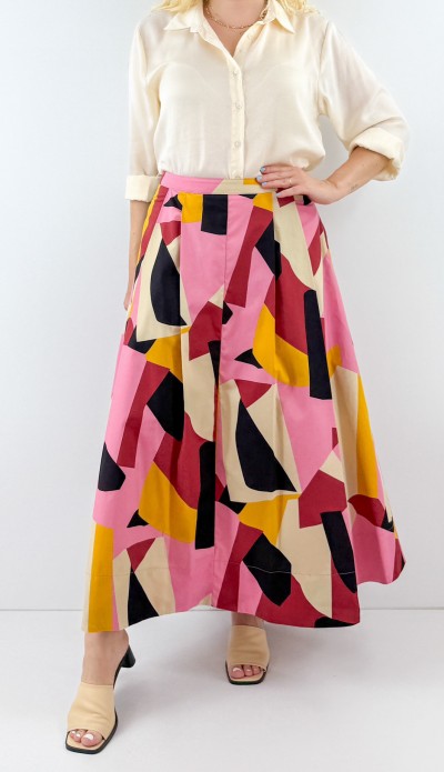 Geometrik desen maxi poplin etek