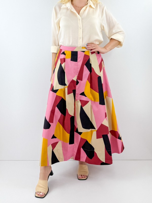 Geometrik desen maxi poplin etek
