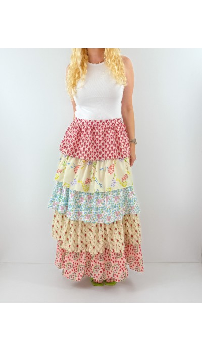 Kat detaylı renkli maxi etek