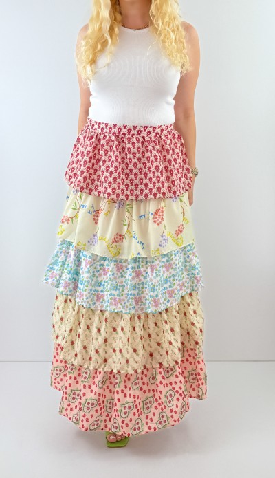 Kat detaylı renkli maxi etek