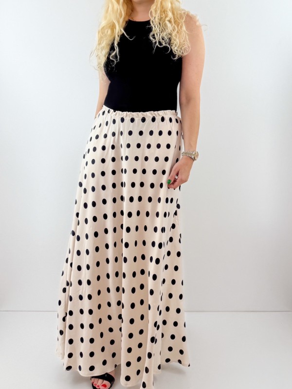 Polka dot creme color sateen maxi skirt
