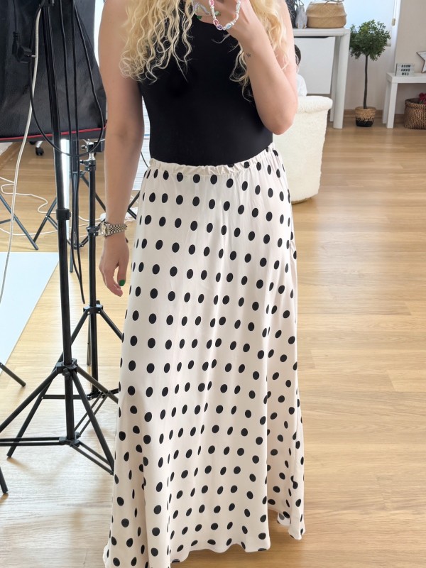 Polka dot creme color sateen maxi skirt