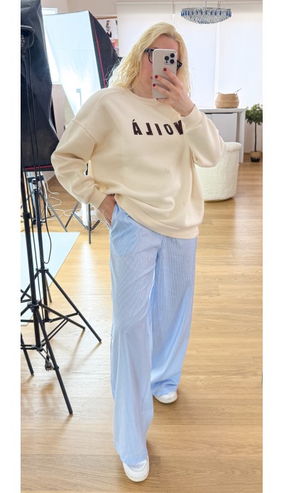 Beyaz çizgili mavi poplin pantolon