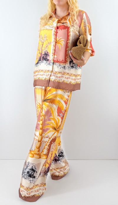 Özel baskı saten gömlek pantolon takım