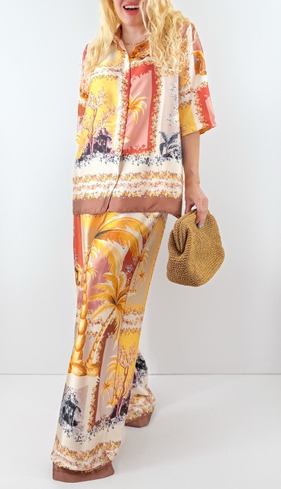 Speacial print sateen shirt pants set