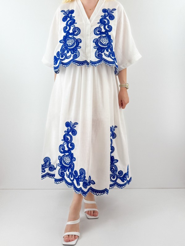 Embroidery detailed white shirt skirt set