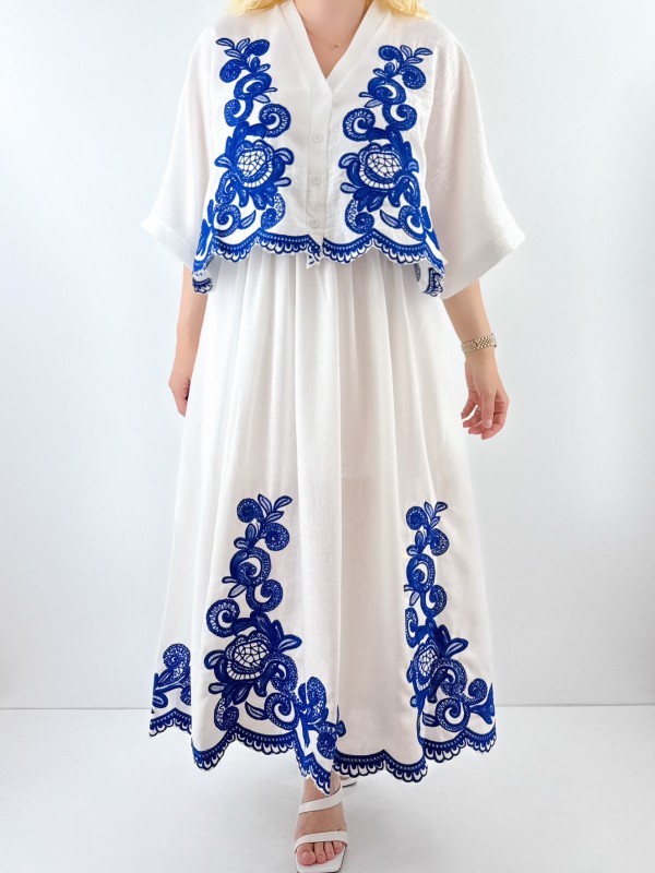 Embroidery detailed white shirt skirt set