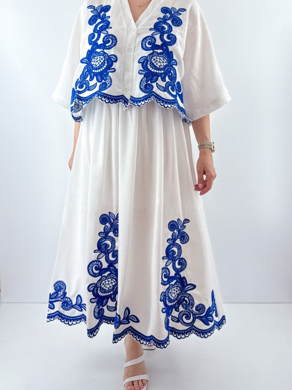 Embroidery detailed white shirt skirt set