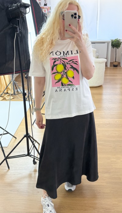 Limon baskılı beyaz pamuklu tişört