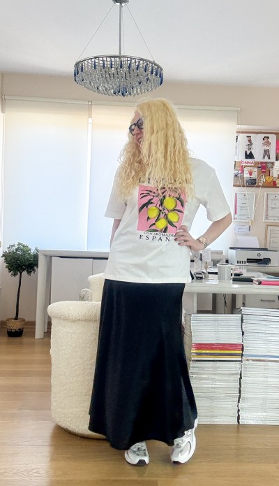 Limon baskılı beyaz pamuklu tişört