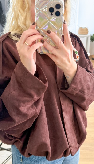 Süet görünümlü kahverengi bomber 