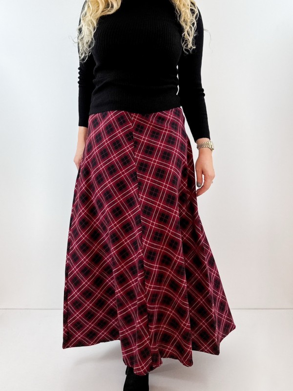 Bordo ekose maxi etek