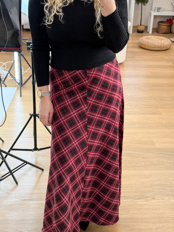 Bordo ekose maxi etek