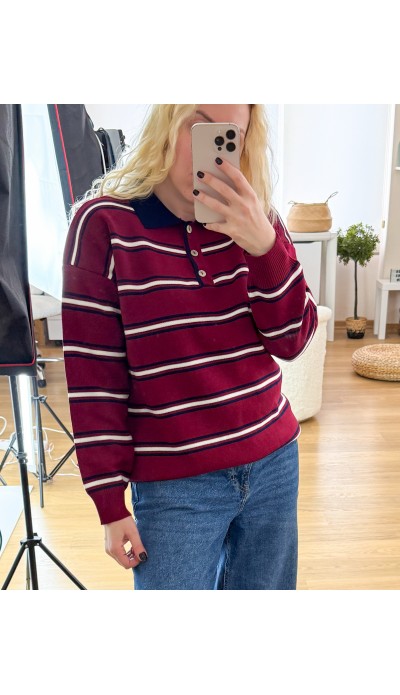 Lacivert çizgili bordo triko kazak