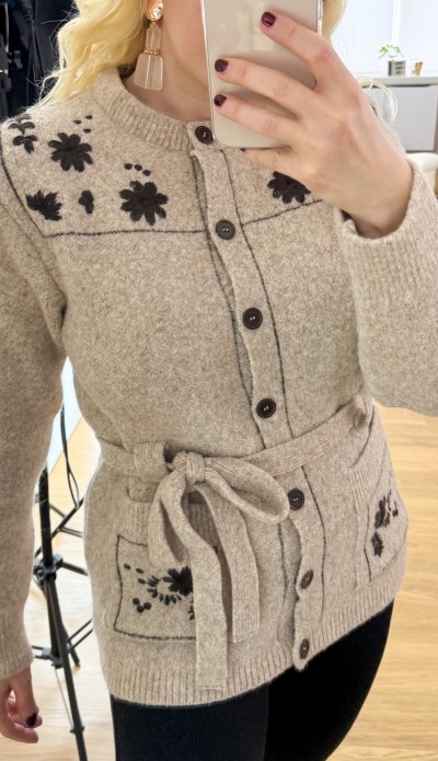 Embroidery detailed belted cardigan