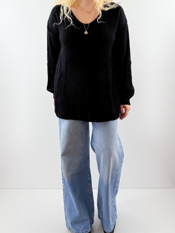 Siyah V yaka rahat kalıp tunik kazak