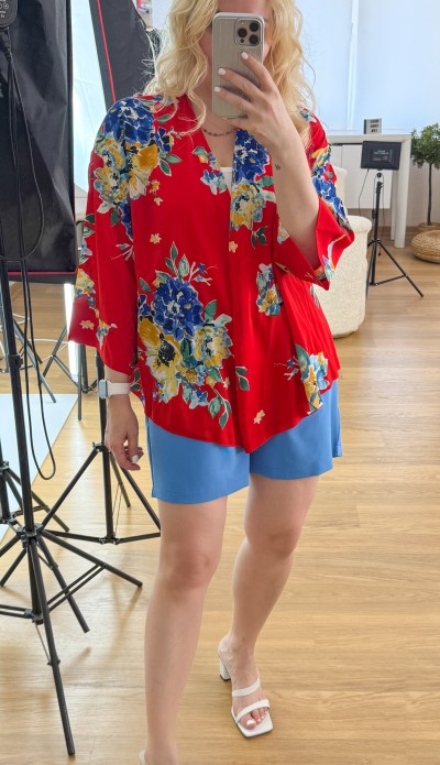 Flower printed red kimono