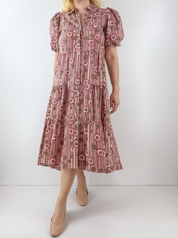 Çiçek desenli midi poplin elbise