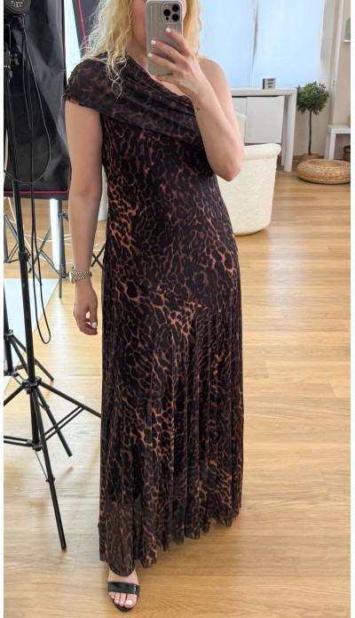 Leopar desen tek omuz maxi elbise