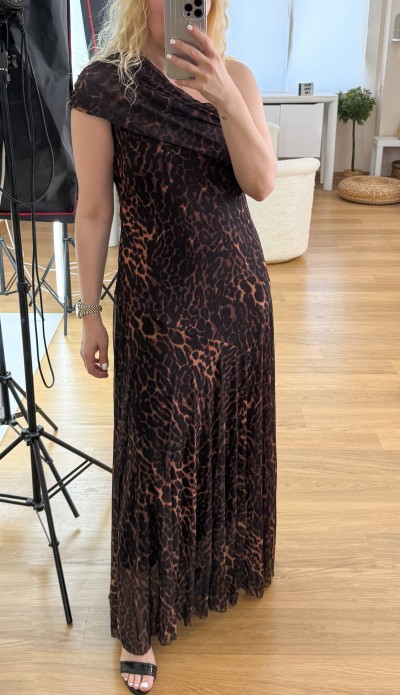 Leopar desen tek omuz maxi elbise