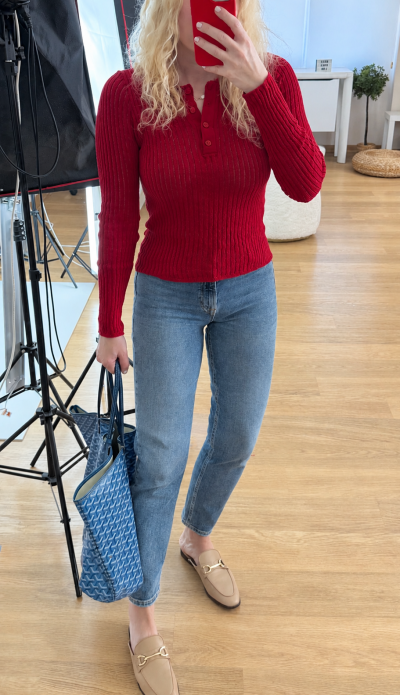 Red polo knit blouse