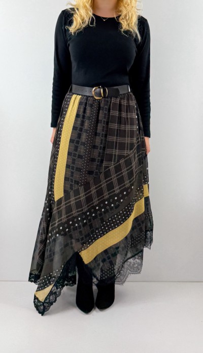 Patchwork desenli kemerli şifon etek