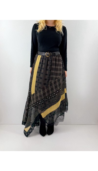 Patchwork desenli kemerli şifon etek