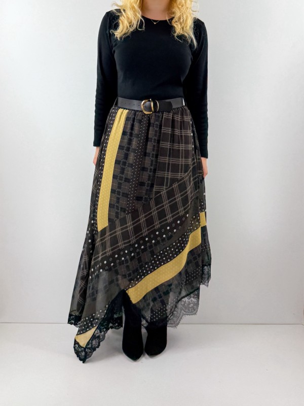 Patchwork desenli kemerli şifon etek