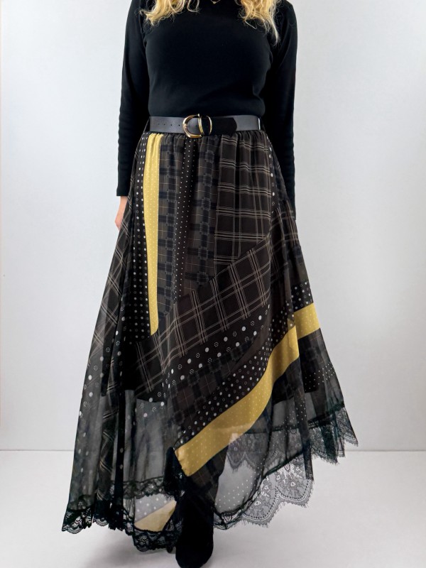 Patchwork desenli kemerli şifon etek