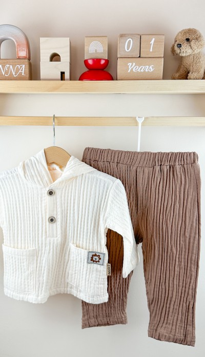 Müslin kumaş kapşonlu üst ve pantolon takım