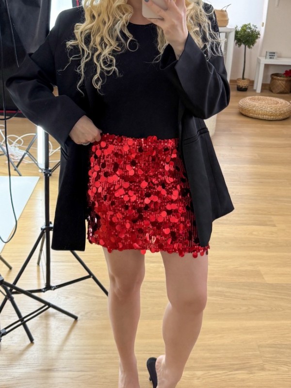 Red sequined mini skirt