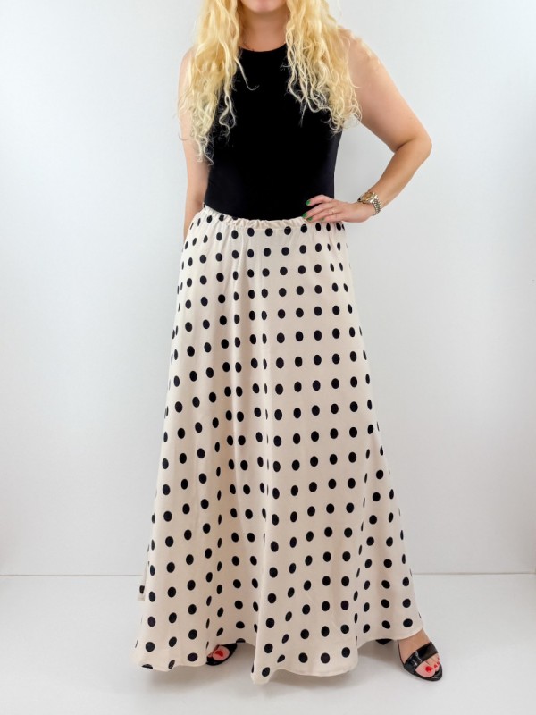 Polka dot creme color sateen maxi skirt