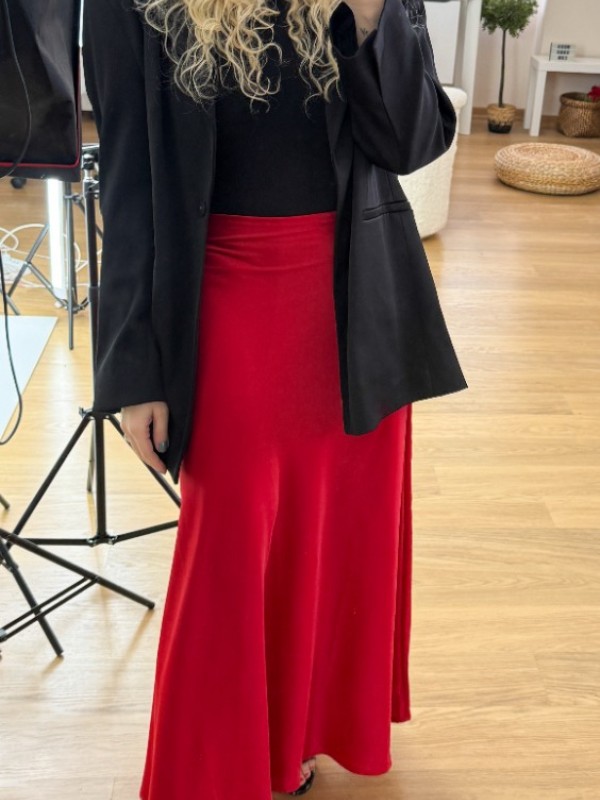 Red sateen maxi skirt