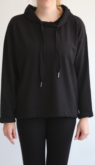 Siyah kapşonlu düz sweatshirt