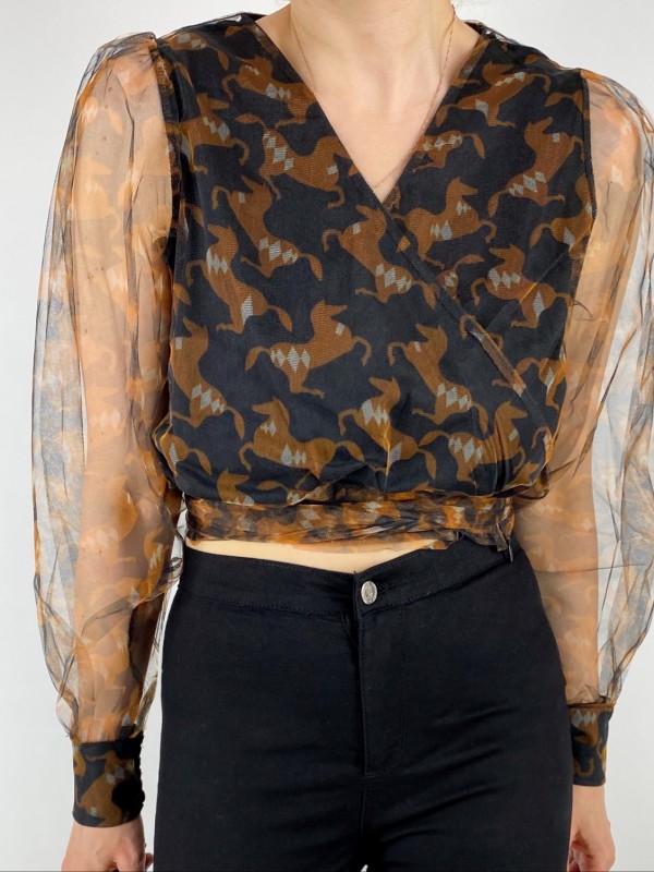Horse printed double breasted blouse