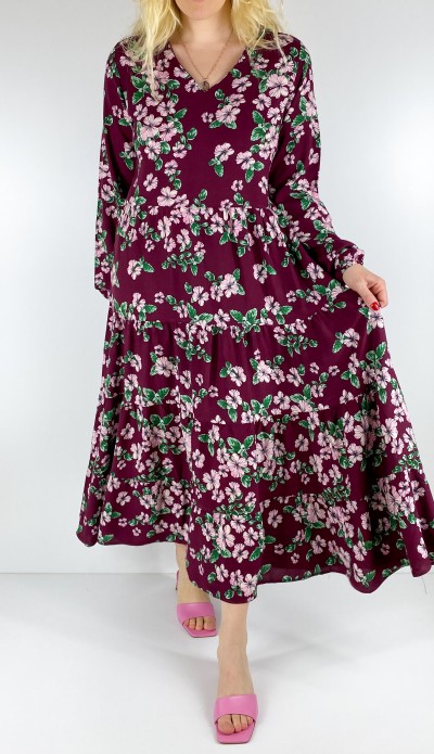 Çiçek desenli bordo maxi elbise