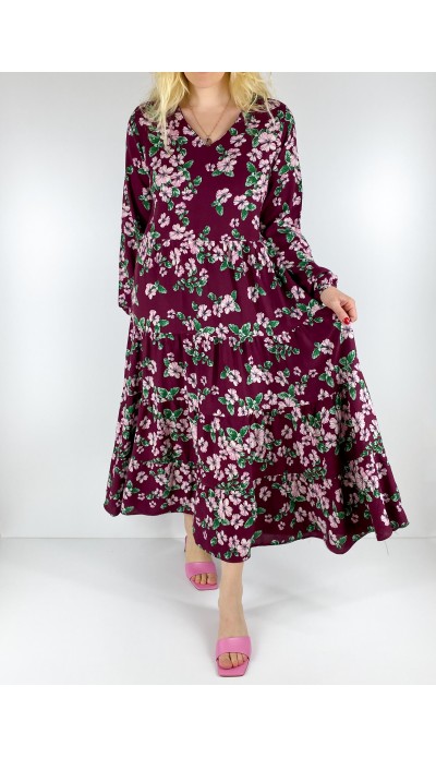 Çiçek desenli bordo maxi elbise