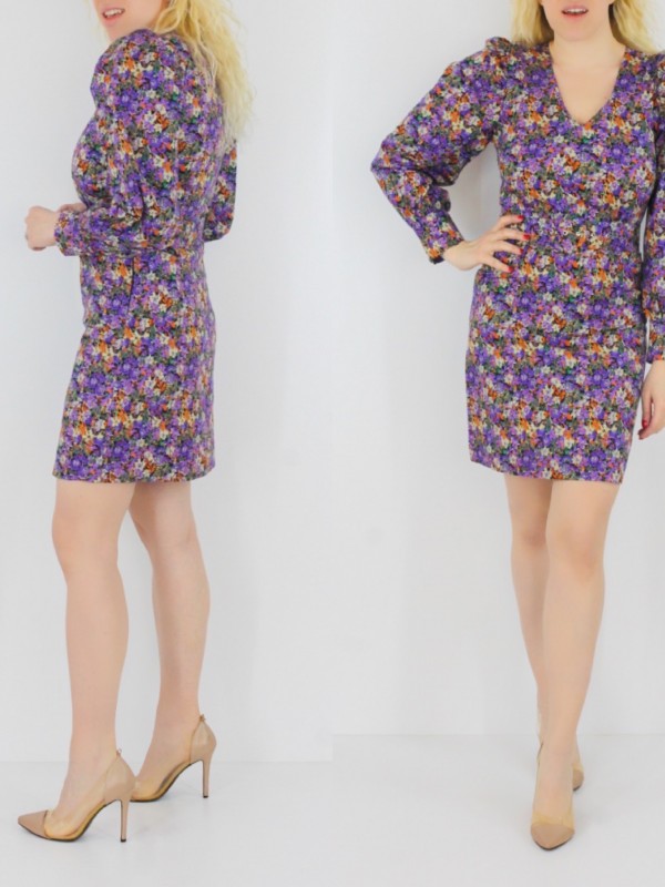 Flower printed purple mini dress