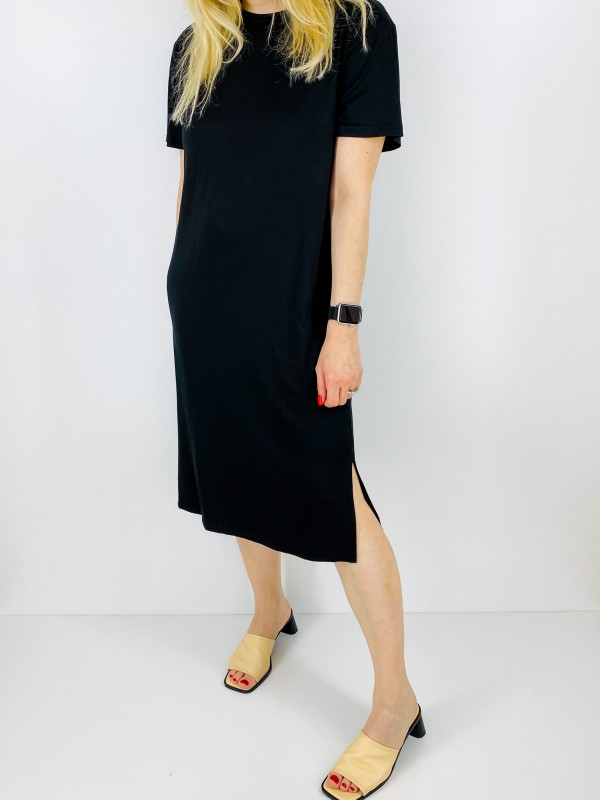 Two sided slit black midi dress