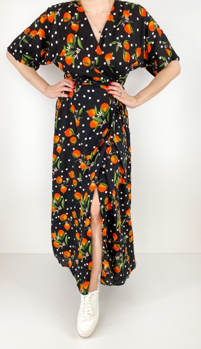 Portakal desenli siyah kruvaze elbise 