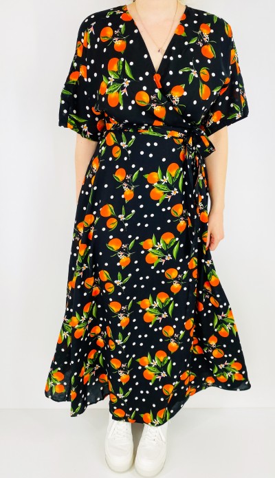 Portakal desenli siyah kruvaze elbise 