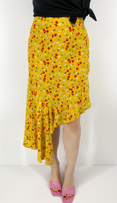 Çiçek desenli asimetrik sarı etek