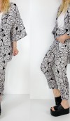Siyah beyaz desenli pantolon kimono takım